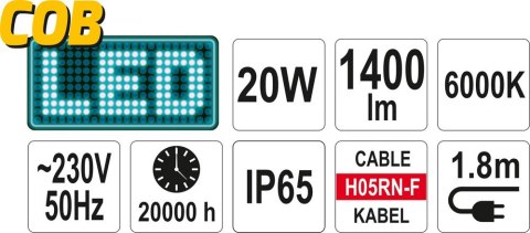 REFLEKTOR DIOD. PRZENOŚNY 20W 1400LM COB